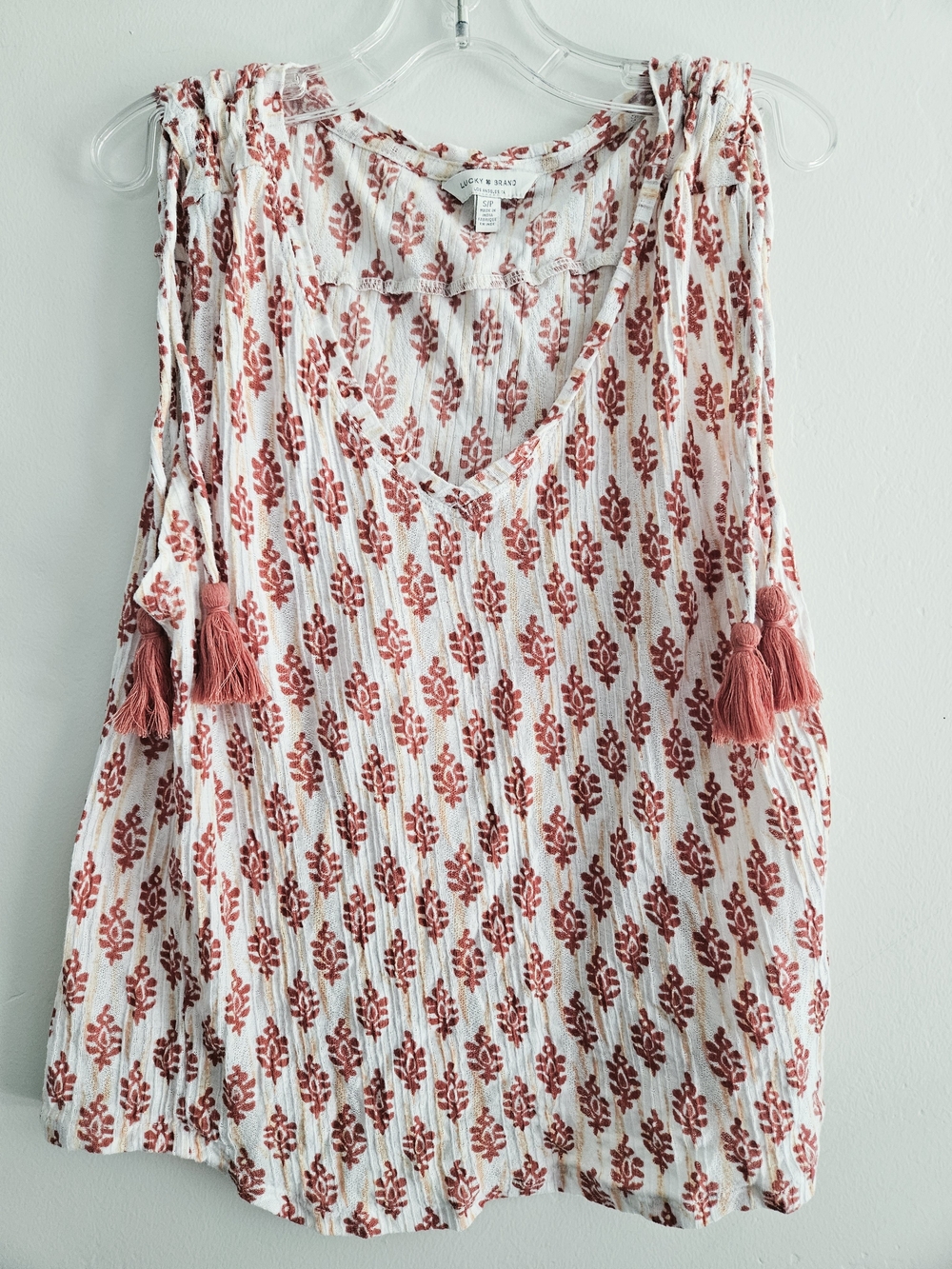 Lucky Brand Tassel Tie Sleeveless Boho Top Size S/P Coral & Ivory